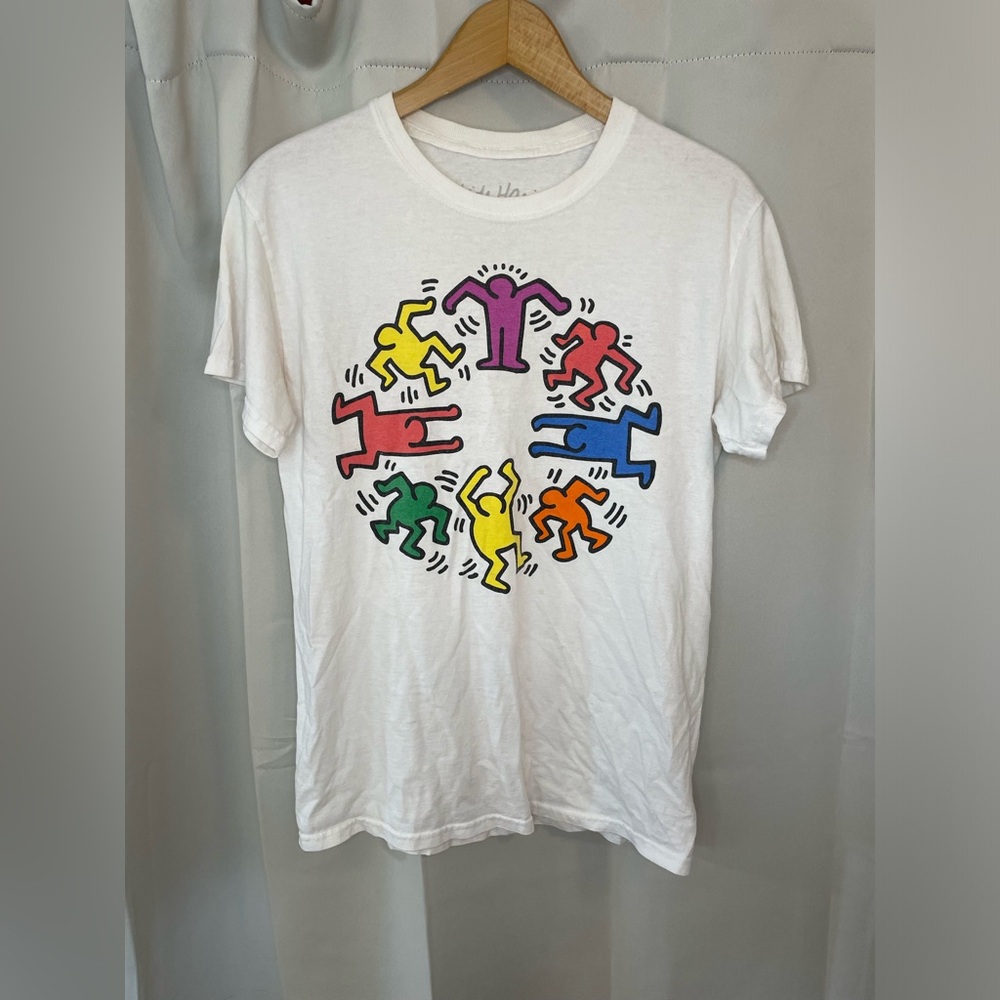 Keith Haring Ripple White Graphic Tee Dancing Circle Mens Small